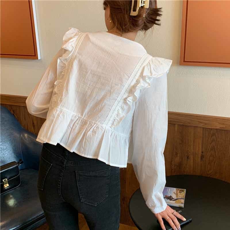 Korean Style Women Ruffle Stitching Long Sleeve Blouse Sweet and Cute V-neck Solid Button Shirt Blusas Mujer De Moda 11666 210508