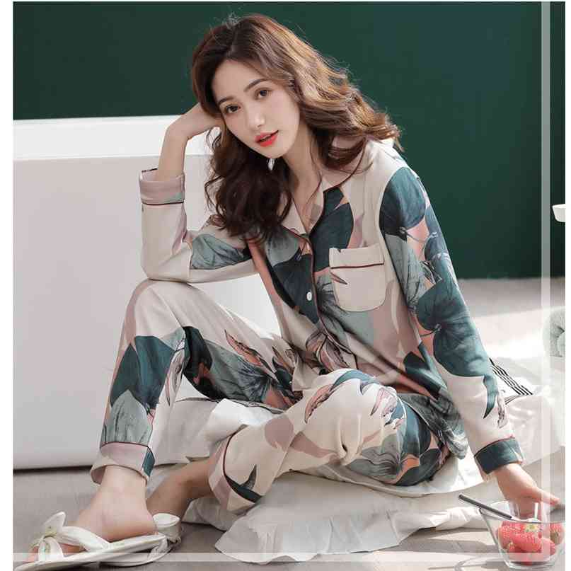 Autumn Winter Sleepwear 2 Piece Sets For Women's Cotton Pajamas Turn-down Collar Homewear Large Size Pijama Pyjama Plus Size 210924