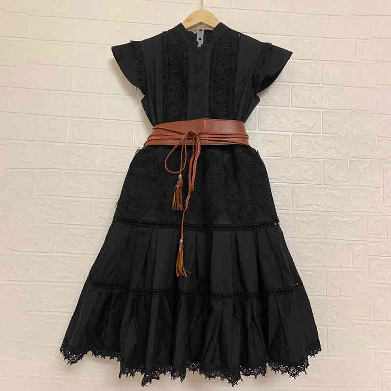 VGH Patchwork Lace White Dress For Women Stand Collar Sleeveless High Waist Sashes Midi Dresses Female Fashion Clothing 210421