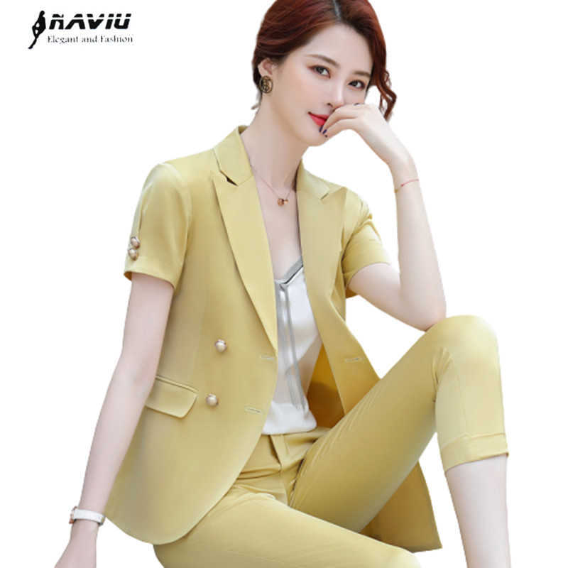 Professional Pants Suit Women Short Sleeve Temperament Slim Summer Formal blazer and Trousers Office Ladies Work Wear 210604, Yellow blazer
Professional Pants Suit Women Short Sleeve Temperament Slim Summer Formal blazer and Trousers Office Ladies Work Wear 210604, Yellow blazer