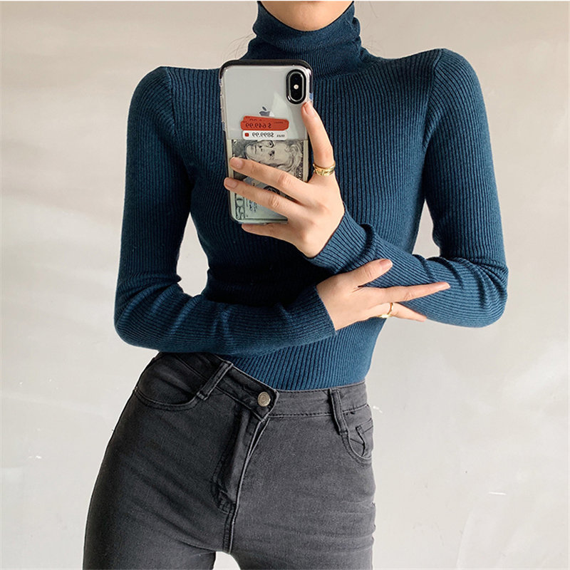 Pullovers Turtleneck Knitted Vintage Basic Slim Office Lady Tops Elegant High Quality Solid Streetwear Sweaters 210421