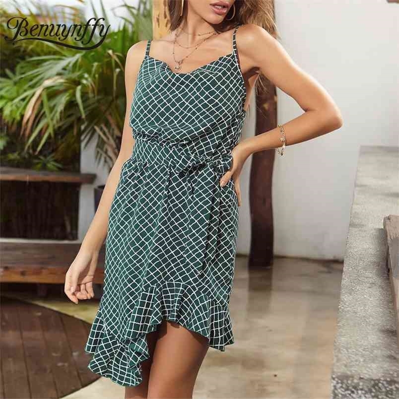 Grid Print Ruffle Hem Spaghetti Strap Dresses Women Backless Sexy Plaid Sleeveless Beach Summer Cami Dress with Belt 210510