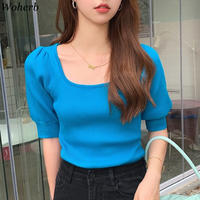 Chic Knitted T-shirt Women Summer Korean Tees Square Neck Puff Sleeve Slim Thin Tops 1 Fashion Sweet Shirts 210519
