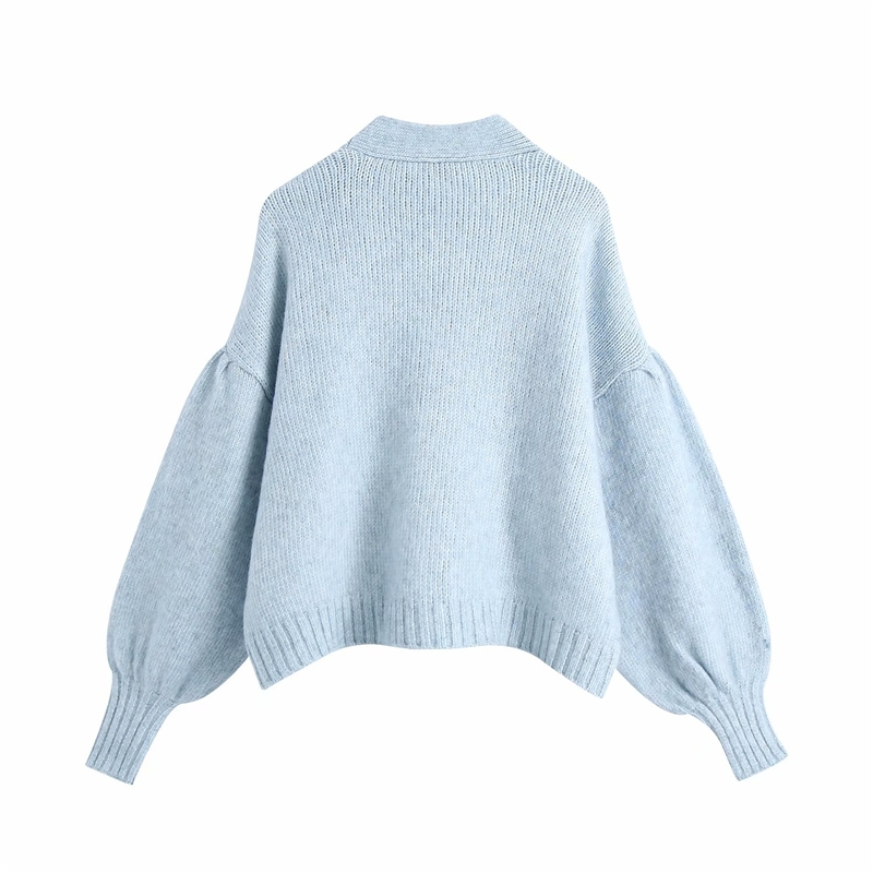 Sweet Women Sky Blue Sweater Fashion Ladies Diamonds Button Coats Elegant Female Chic Knitted Puff Sleeve Cardigan 210527