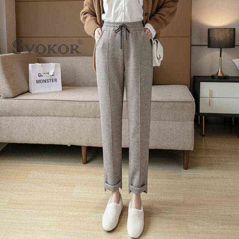 SVOKOR Winter Warm Harlan Pant Plus Velvet Thickening Korean Casual Trouse Woolen Houndstooth 211124Z