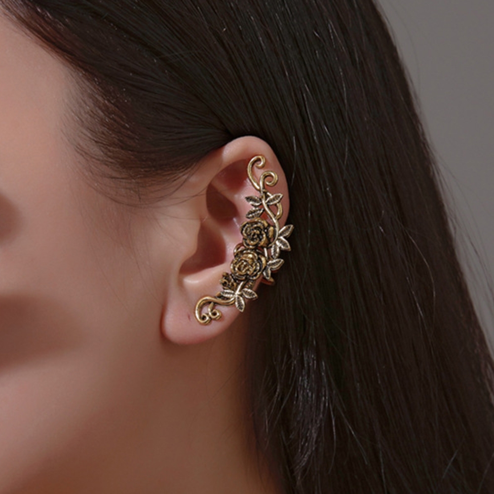 Ethnic Designer Ear Cuff Antique Gold Silver Carved Rose Flower Ear Cuffs Clip On Earring for Women No Piercing Helix Ear Jewelry Ladies Temperament E