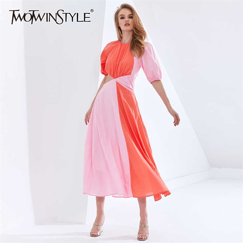 TWOTWINSTYLE Patchwork Hit Color Asymmetrical Summer Dress For Female Puff Sleeve High Waist Hollow Out Dresses Women 210630, Red 
TWOTWINSTYLE Patchwork Hit Color Asymmetrical Summer Dress For Female Puff Sleeve High Waist Hollow Out Dresses Women 210630, Red