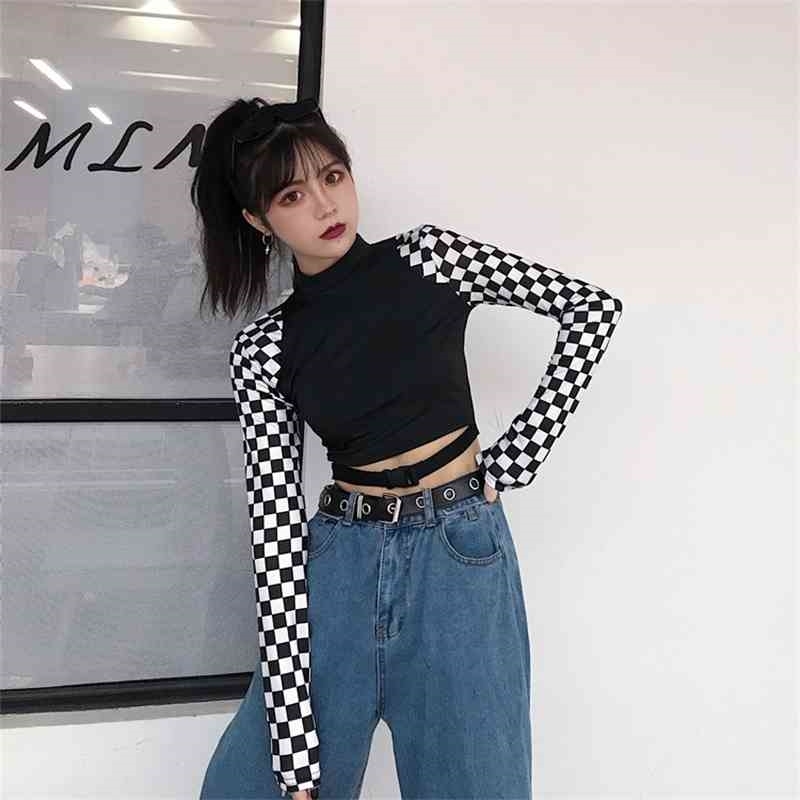 Korean Harajuku Cro Top T Shirt Women Plaid Checkerboard Contrast Color T-shirt Fashion Streetwear Slim Patch Tees 210519
