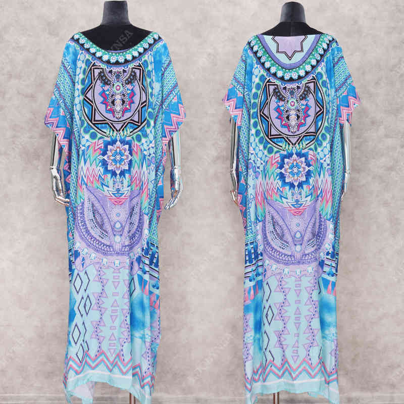 Bohemian Printed Women Caftan Beach Dress Bathing Suit Cover Up Summer Tunic For Woman Beachwear Robe de plage Kaftan #Q741 210420