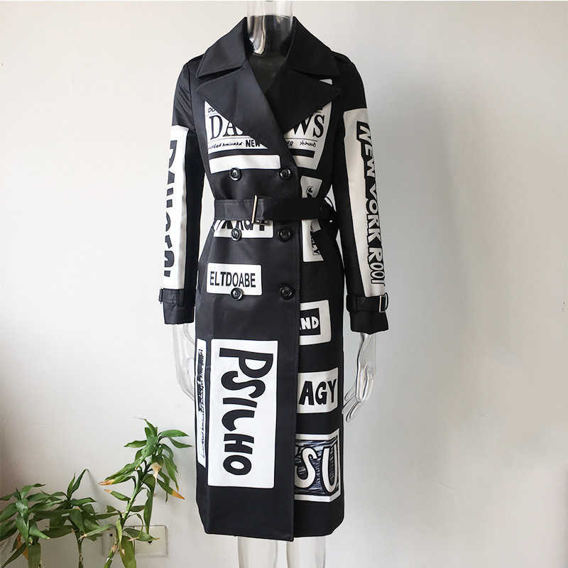 HarleyFashion Autumn Winter Women Long Coat Letters Printing High Street Stylish Graffiti Casual Quality Windbreaker Trench 210820