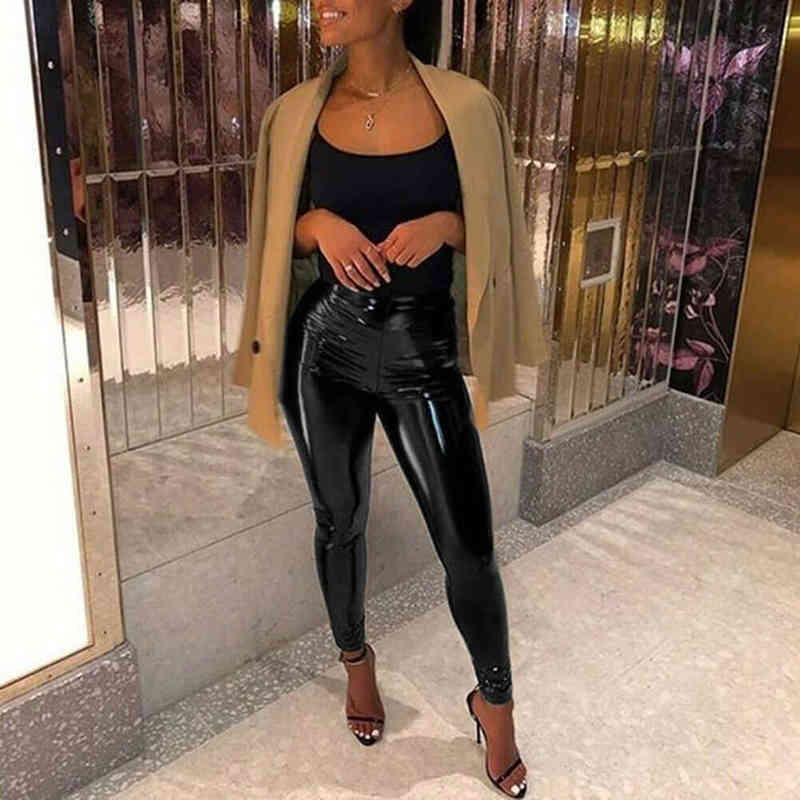 Sexy Women Gothic Leggings Wet Look PU Leather Black Slim Thin Long Pants Ladies Skinny Stretchy Plus Size 211204