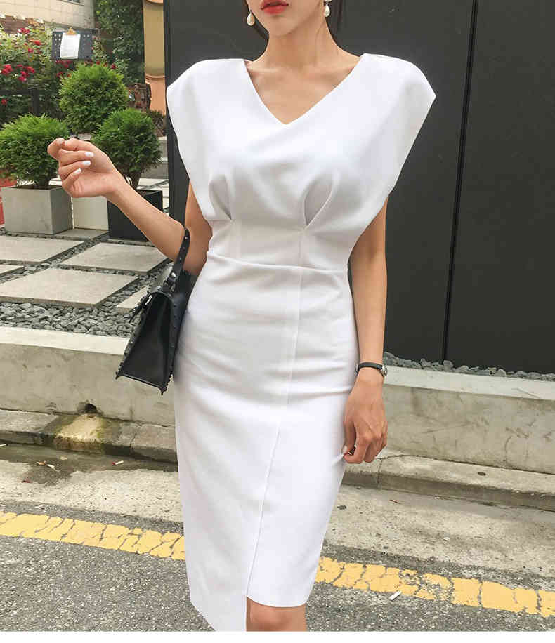 Summer Women Elegant V-Neck Batwing Sleeve Sheath Dress Prom Formal Party Slim Dresses Office Lady Work Vestidos 210519