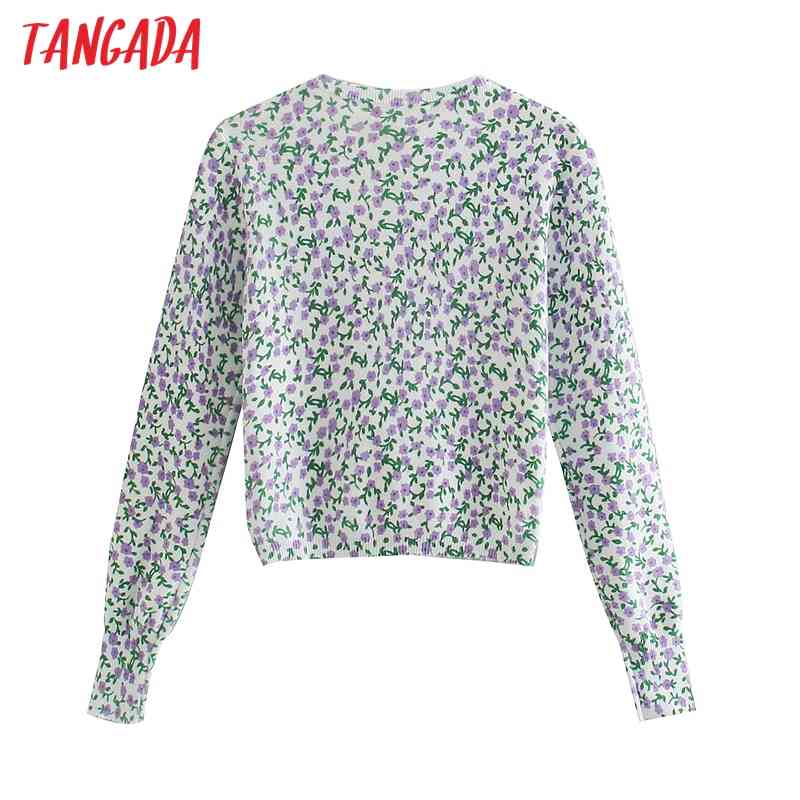 Women Spring Floral Jacquard Cropped Knitted Cardigan Jumper Vintage Long Sleeve Female Outerwear Chic Tops BE485 210416