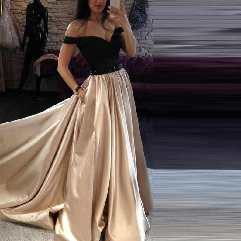 2021 New Gold black Ball Gown Cheap Prom Dress Off the shoulder Lace 3D Flowers Beaded Corset Back Satin Evening Formal Dresses Gowns New