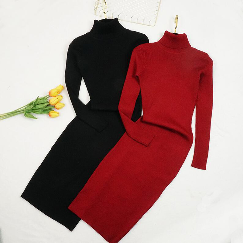 Women Dress Autumn Winter Turtleneck Knitted Dress Long Sleeve Slim Ladies Bodycon Bottoming Sweater Dresses Vestidos 210521