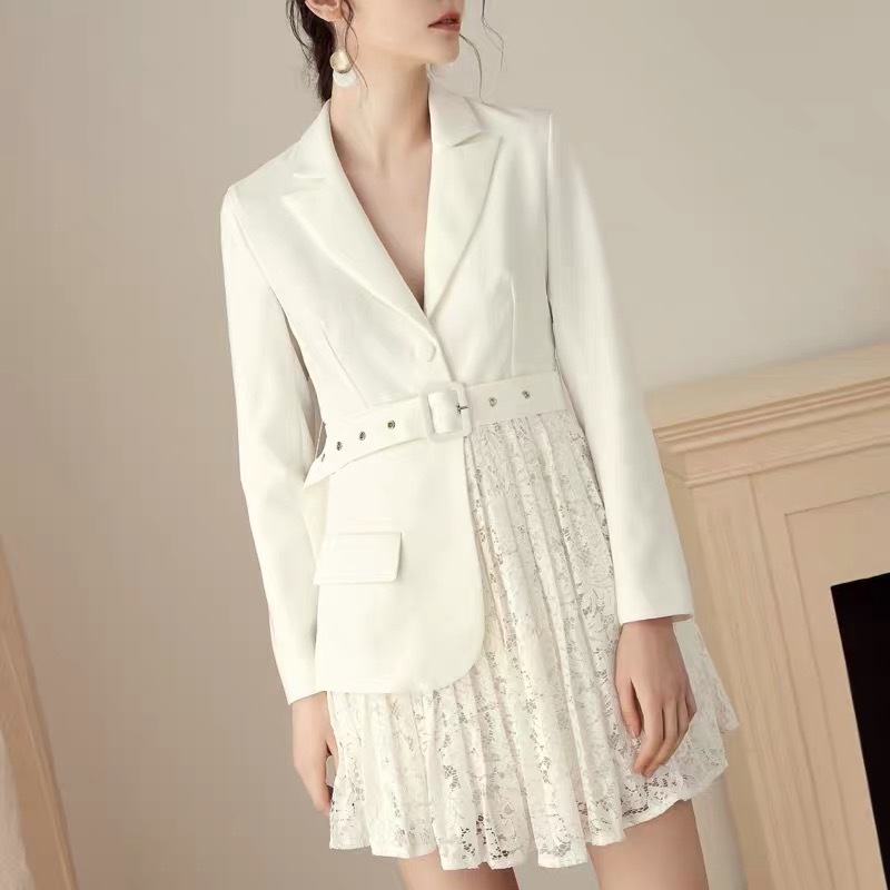 Spring Long Sleeve Fashion OL Style Suit Stitching Patchwork Lace Belt Women Party Mini Dress White vestido de mujer 210421