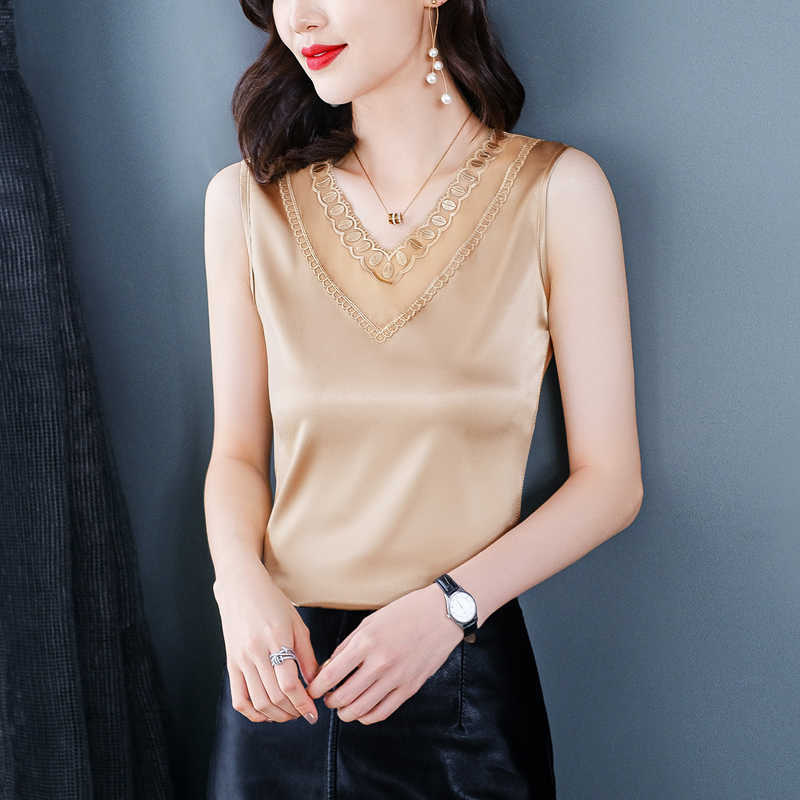 Korean Fashion Satin Women's Blouse Lace Office Lady Vest V-neck Plus Size Embroidered Women Tops Sleeveless Woman Top 210604