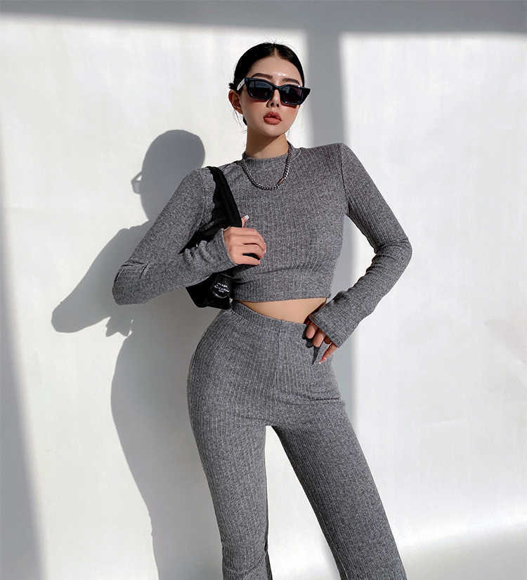 Women High Neck Ribbed Crop Top And Stretch Waist Flare Rrousers Co-ord Korean Sweater Tops + Pants Set QW54 210603