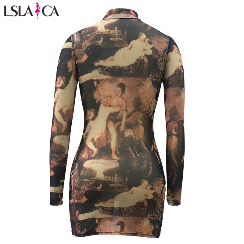 Women's fashion Slim sexy oil painting image printing loose plus size long sleeve dress autumn 210515