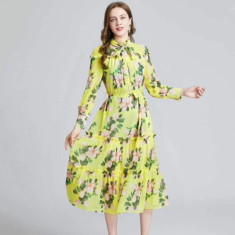 LY VAREY LIN Spring Women Dress Lace Up Stand Collar Print Elegant Chiffon Lady Midi Long 210526