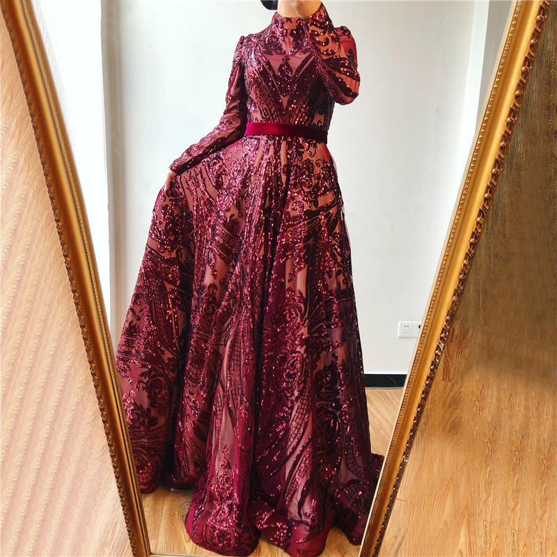 Dubai Luxury Long Sleeves Evening Dresses 2022 Moroccan Kaftan Burgundy High Collar Muslim Women Formal Party Wear Royal Blue Prom Dress Islamic Occas