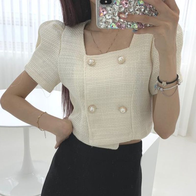 Women Jackets Summer Korean Chic Temperament Square Collar Pearl Double Breasted Puff Sleeve Irregular Tweed Coat 210514