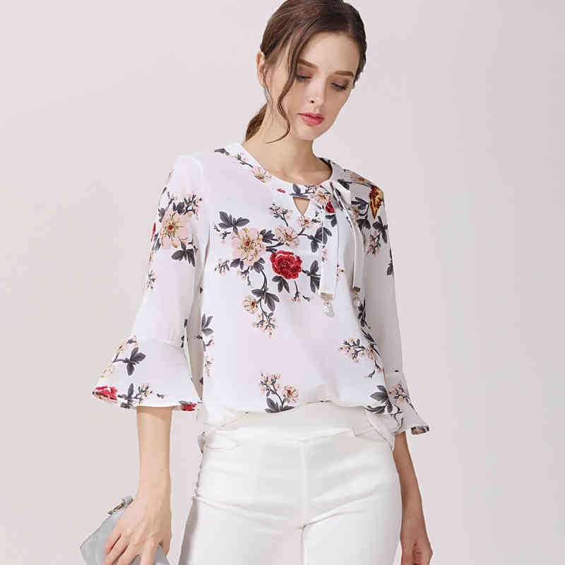 Fashion Printed Chiffon Women Blouses Shirt Floral Flare Sleeve Summer Ladies Tops Feminine Blusas D278 30 210506