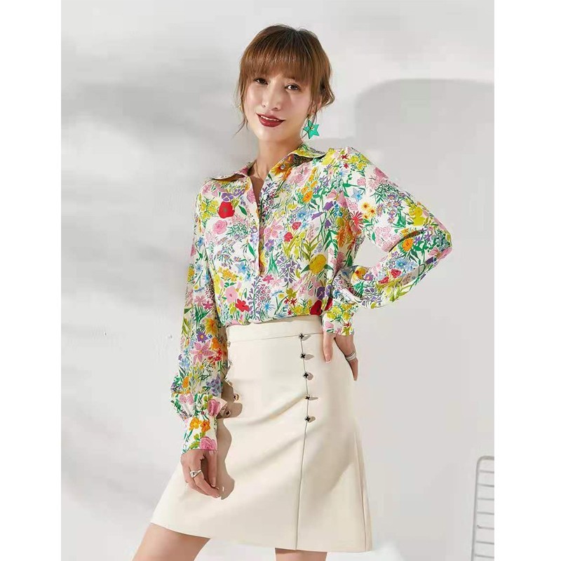Spring Summer Women Loose Long Sleeve Turn-down Collar Blouse Print Hidden Discount Chiffon Pullover Casual Shirts W279 210512
