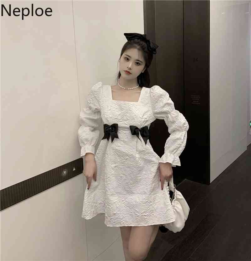 Neploe Fashion Woman Dress Chic Bow Slim Princess Dress Korean White Vestidos Mujer Square Collar Puff Sleeve Sweet Robe 95373 210422