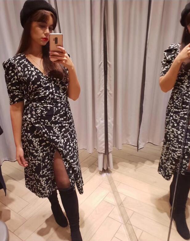 Summer French V neck Front Slit Floral Print Wrap Dress Holiday Woman Lace up Side buttons Waist Short Sleeve Midi Tea Dresses 210429