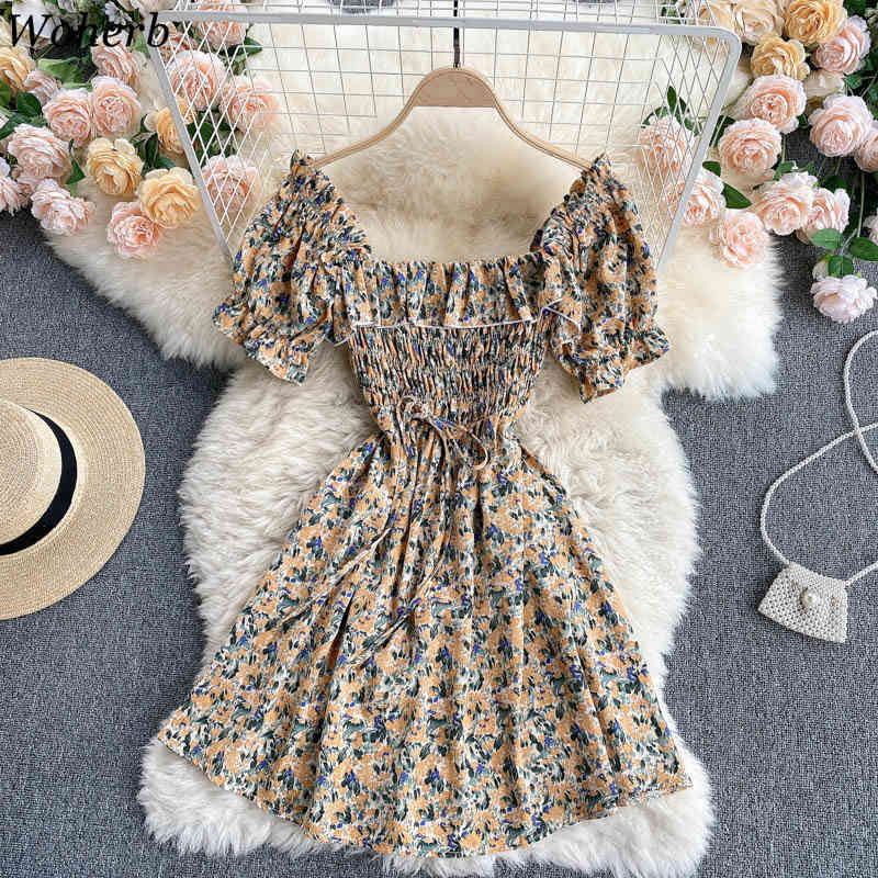Summer Dress Flower Print Square Collar Elegant Dresses Vintage Puff Sleeve Ruffle Mini Korean Robe Vestidos 210519