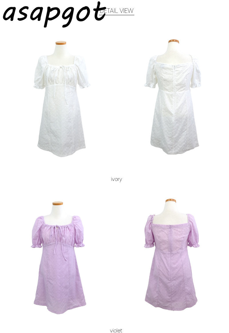 Sweet Girls Summer Retro Slim Waist Temperament Square Neck Puff Short Sleeve Purple Embroidered Dress Mini White Hollow Out 210429