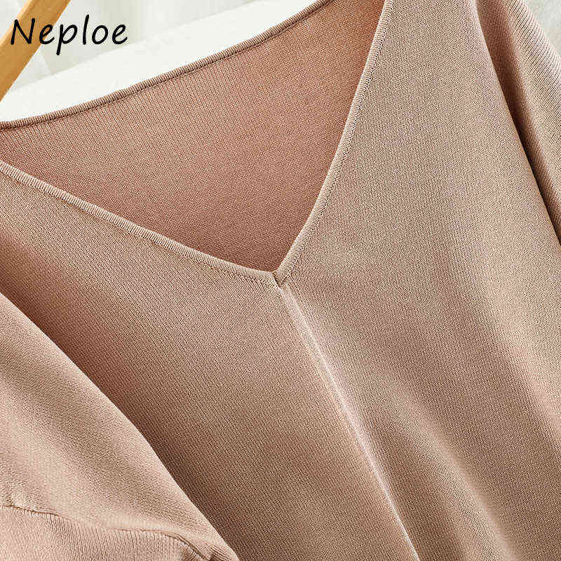 Neploe Sweet Suit V-neck Solid Color Split Knitted Pullovers + Straight Stretch Waist Wide Leg Pants 2 Piece Set Women 211105