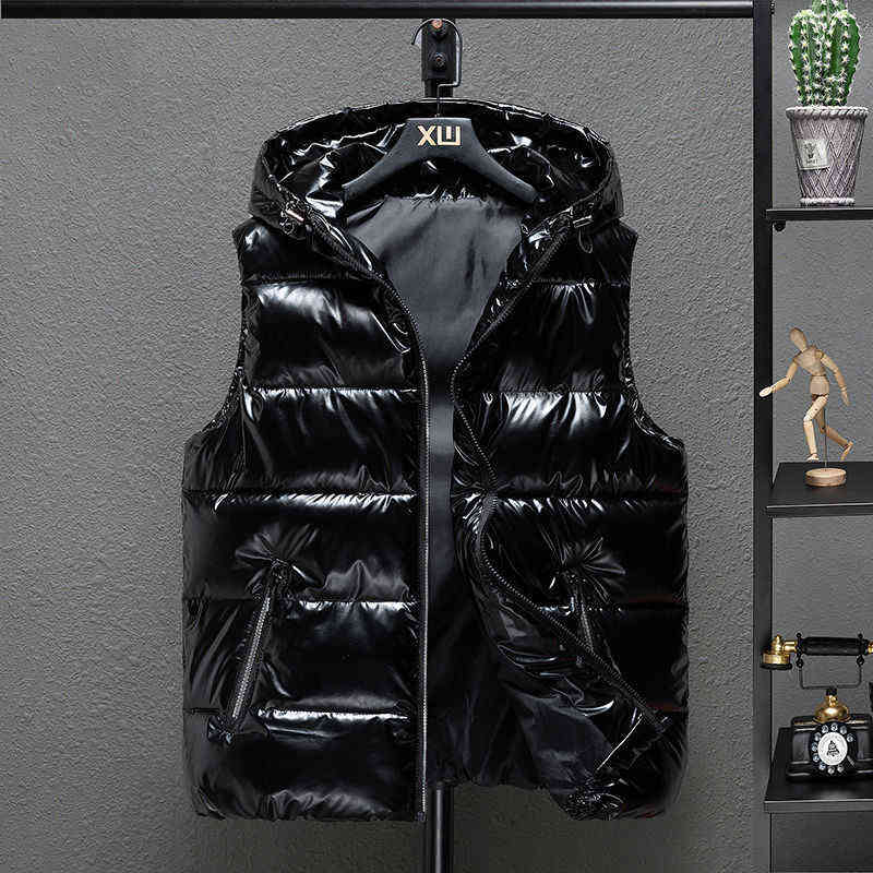 Size 5XL 6XL Men Thicken Hooded Vest Winter Warm Cotton-Padded Solid Color Waistcoat Waterproof Windprrof Big Zipper 211105