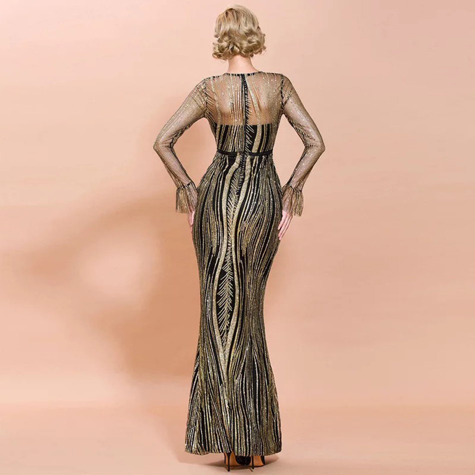 Fashion Women's Summer Dress Sexy Long Sleeve Gold Sequins Lace Maxi Evening Runway Club Party Outfit Lady 210423