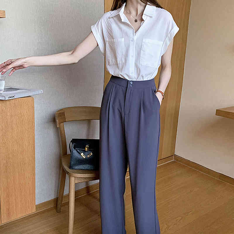 Casual Plus Size Loose Cardigan Blouse Solid Blusas Mujer De Moda Summer Cotton Short Sleeve Blue Women Shirt 10289 210415