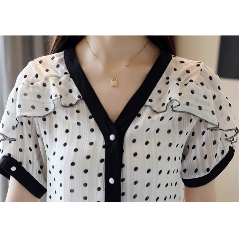 blouses woman summer short sleeve women ruffles v-neck dot chiffon top female womens tops and 4941 50 210508
