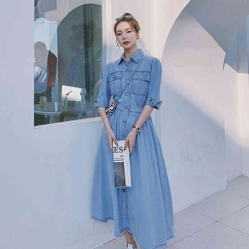 Korean Women Slim Denim Dress Fashion Short Sleeve Turn-Down Collar Single Breasted Elastic Waist Casual Long Female 210519