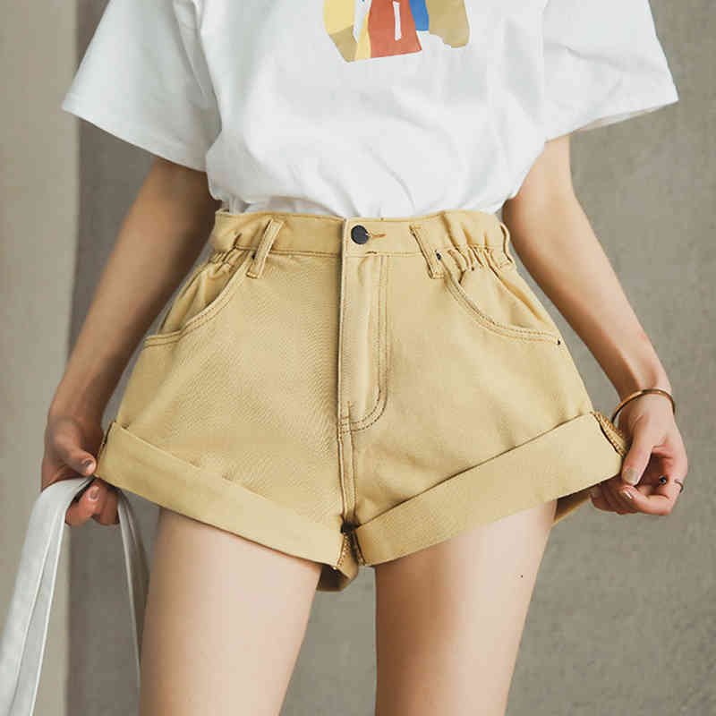 Denim Shorts Women White Summer Khaki Wide Leg Elastic Waist Vintage High Fashion Casual Short Jeans Feminine 9704 210518