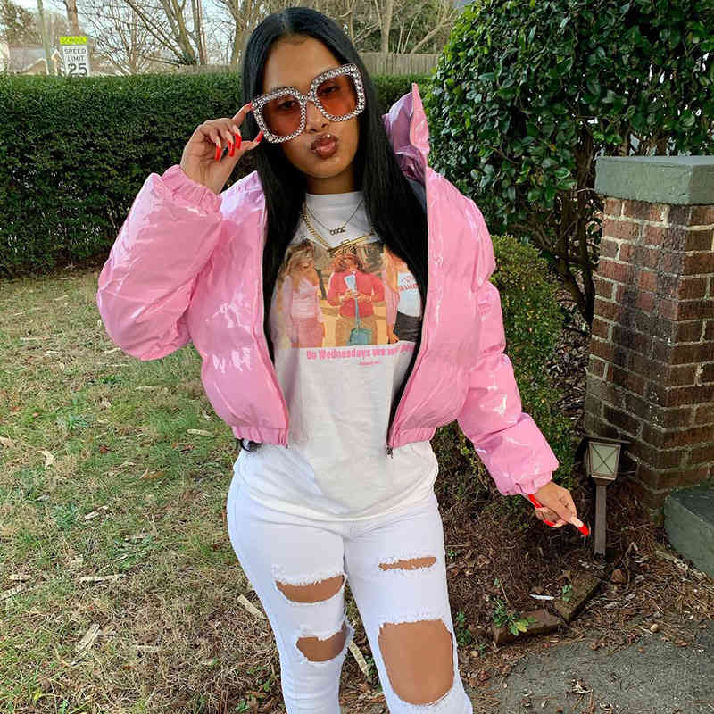 GetSpring Women Parka Winter Outwear Jacket Coat High Waist Zipper Stand Collar Long Sleeve Jackets Fashion 210513