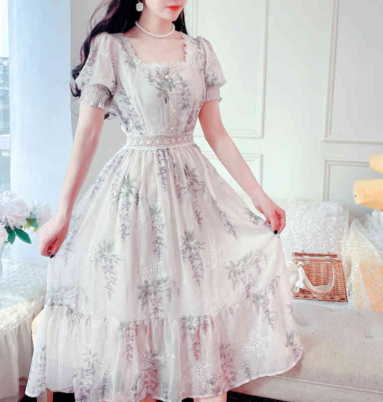 Women Dress Korean Summer Elegant Vintage Casual Floral Lace Splicing High Waist Fairy Midi Dresses 210519