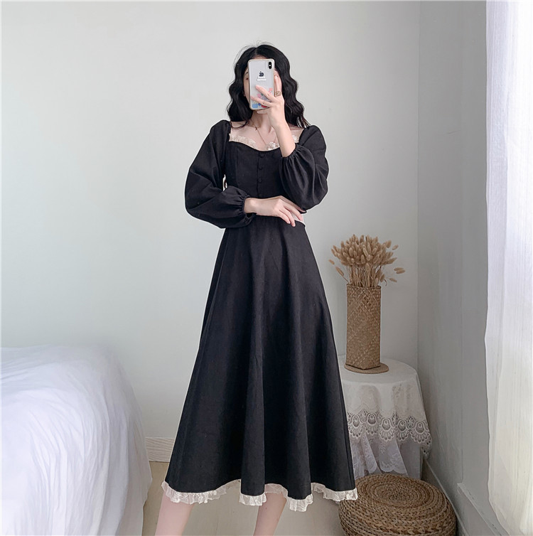 Spring and Autumn Square Neck Lace Patchwork Long sleeve Dress Women French style Show thin Elegant Fashion 210506