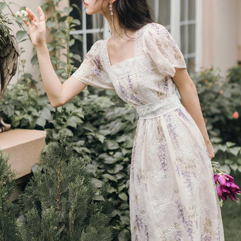 Sweet Vintage Midi Dress Women Casual Short Sleeve Elegant Lace Foral Dress Female Evening Party Chic Dress Korean 210521
