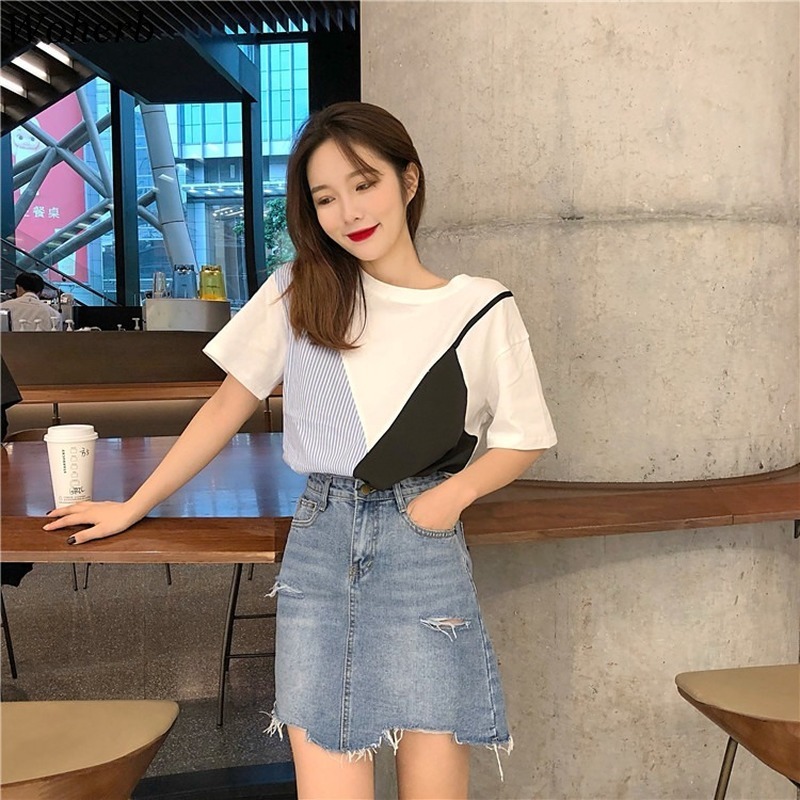 Summer T Shirt Women Striped Patchwork Contrast Tee Tops O-Neck Tshirts Korean Kawaii Short Sleeve Rops Femme 210519
