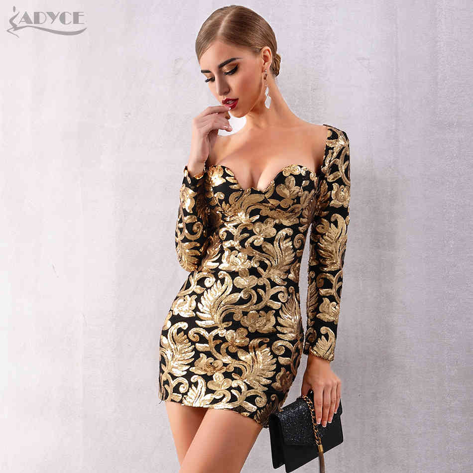 Autumn Women Gold Celebrity Evening Party Dress Elegant Sexy Long Sleeve Sequined Deep V Mini Club Vestidos 210423