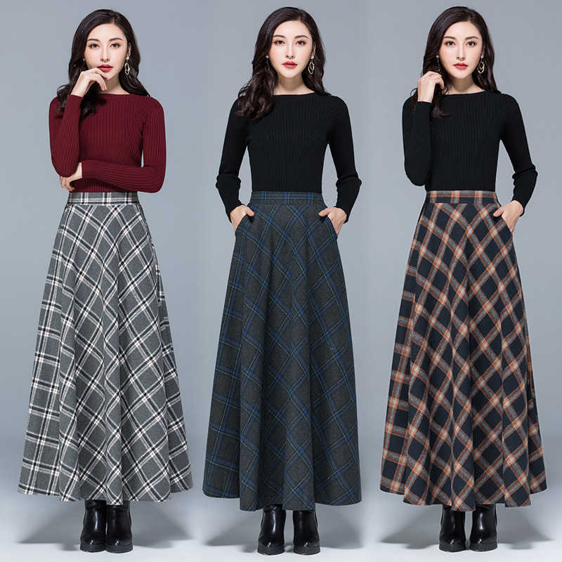 Mom High Waist Woolen plaid Skirts Autumn Winter Women's Plus Size Wool Maxi Female Fashion Casual Long Streetwear 210706