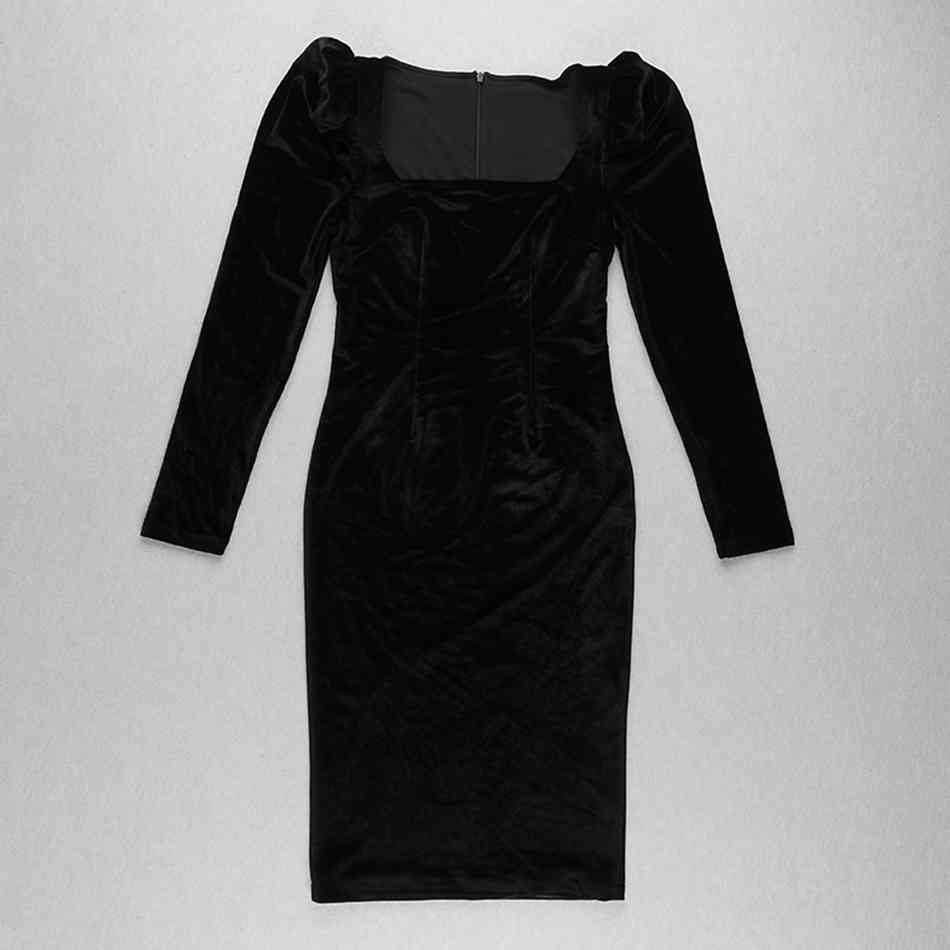 Free Women's Black Velvet Dress Elegant Square Neck Bubble Long Sleeve Bodycon Midi Club Party Vestidos 210524