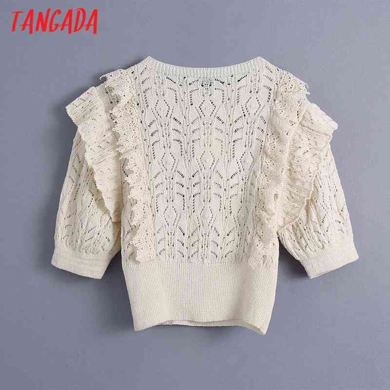 Women Fashion Ruffle Hollow Out Cropped Knitted Sweater Jumper O Neck Short Sleeve Female Pullover Tops BE489 210416