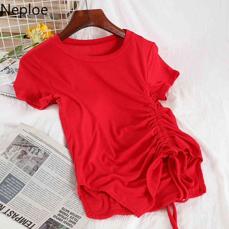 Neploe Solid Thin T Shirt Women Summer Fashion Korean Female Tees O Neck Sweet Irregular Short Sleeve Drawstring Tops 4h877 210422