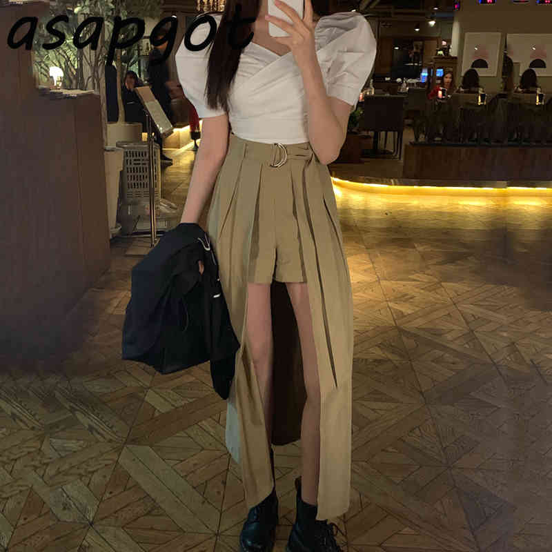 Summer V Neck Puff Short Sleeve White Blouse Tops Shirts High Waist Khaki Irregular Skirt s Streetwear Retro Casual 210429